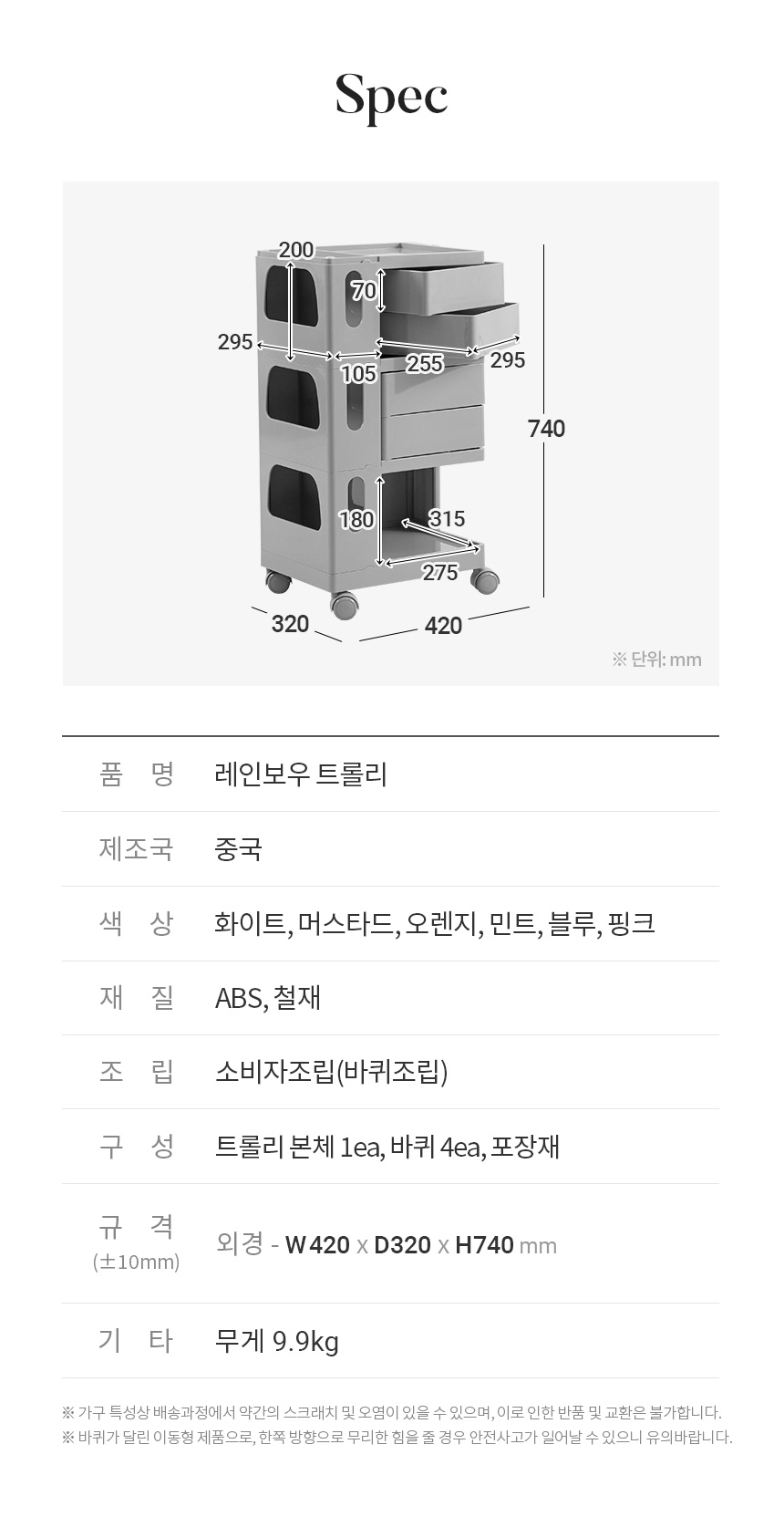 레인보우 트롤리 5단 웨건 이동식 간이 회전 서랍 바퀴 수납 인테리어 디자인 카페 상세 이미지 13